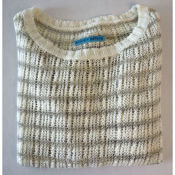 Alice + Olivia Womens Sz XS Cream/Silver Metallic Stripe Ethan Boxy Sweater $297 - Picture 8 of 10